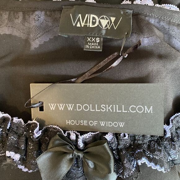 Dolls Kill Widow Sheer Black Babydoll Mini Dress Ruffle w Baby Blue Lace Trim - Picture 4 of 7